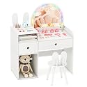 Costzon Kids Vanity, Girls Vanity Set with Mirror and Stool and Lights, Drawers &amp; Storage Compartments, Toddler Makeup Vanity Desk Dressing Table, Wooden Kids Vanity Table and Chair Set (White)