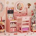 Costzon Kids Vanity, Girls Vanity Set with Mirror and Lights, Jewelry Storage, Shelves, Princess Toddler Makeup Vanity Desk Dressing Table, Wooden Kids Vanity Table and Chair Set (Pink)