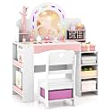 Costzon Kids Vanity, Girls Vanity Set with Lighted Mirror, Bookshelf, Jewelry Storage, Toddler Makeup Vanity Desk Dressing Table, Wooden Kids Vanity Table and Chair Set (White)