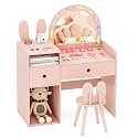 Costzon Kids Vanity, Girls Vanity Set with Mirror and Stool and Lights, Drawers &amp; Storage Compartments, Toddler Makeup Vanity Desk Dressing Table, Wooden Kids Vanity Table and Chair Set (Pink)