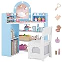 Costzon Kids Vanity with Lights, Corner Vanity Desk with Mirror, Storage Shelves, Wooden Princess Toddler Makeup Dressing Table, Kids Vanity Table and Chair Set for Little Girls (Blue)