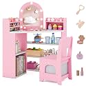 Costzon Kids Vanity with Lights, Corner Vanity Desk with Mirror, Storage Shelves, Wooden Princess Toddler Makeup Dressing Table, Kids Vanity Table and Chair Set for Little Girls (Pink)