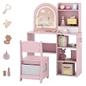 Costzon Kids Vanity with Lights, Girls Vanity Set with Mirror, Storage Drawer, Hooks &amp; Shelves, Toddler Makeup Vanity Desk Dressing Table, Wooden Kids Vanity Table and Chair Set (Pink)