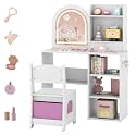 Costzon Kids Vanity with Lights, Girls Vanity Set with Mirror, Storage Drawer, Hooks &amp; Shelves, Toddler Makeup Vanity Desk Dressing Table, Wooden Kids Vanity Table and Chair Set (White)