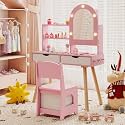 Costzon Kids Vanity with Lights, Girls Vanity Set with Mirror Cabinet, Storage Drawers, Hooks &amp; Shelves, Toddler Makeup Vanity Desk Dressing Table, Wooden Kids Vanity Table and Chair Set (Pink)