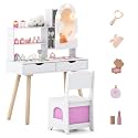 Costzon Kids Vanity with Lights, Girls Vanity Set with Mirror Cabinet, Storage Drawers, Hooks &amp; Shelves, Toddler Makeup Vanity Desk Dressing Table, Wooden Kids Vanity Table and Chair Set (White)