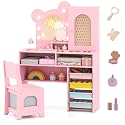 Costzon Kids Vanity with Lights, Girls Vanity Set with Mirror, Storage Drawers, Cabinet &amp; Shelves, Toddler Makeup Vanity Desk Dressing Table, Wooden Kids Vanity Table and Chair Set (Pink)