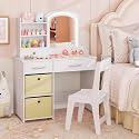 Costzon Kids Vanity with Lights, Princess Makeup Dressing Desk with Mirror and Stool, Storage Drawers, Shelves, Vanity Table and Chair Set for Little Girls (White)