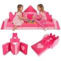 Costzon Modular Kids Play Couch, Snow Mountain Theme Toddler Foam Building Fort for Inspiring Creativity, Convertible Foam and Floor Cushion for Boys Girls for Playroom, Bedroom Gifts (Pink Castle)