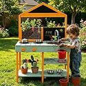 Costzon Mud Kitchen, Wooden Outdoor Play Kitchen w/See-Through Planter Box