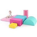 Costzon Toddler Climbing, 6 Pieces Climb and Crawl Playset with PU Cover for Baby Crawling, Climbing &amp; Walking, Indoor Foam Climbing Blocks for Toddlers (Pink)