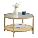 COSVALVE 27.5" Boho Rattan Coffee Table, Round Glass Metal Center Table