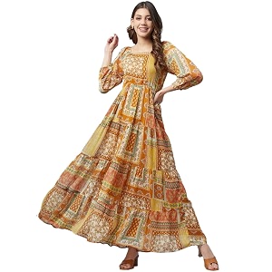 Cottinfab Women Mustard Yellow Ethnic Printed A-Line