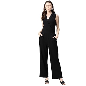 Cottinfab Women Solid Black Sleeveless Jumpsuit