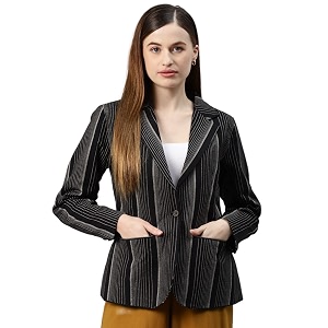 Cottinfab WomenBlack Beige Striped Single-Breasted Blazer