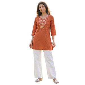 Cotton Blend Embroidered Straight Kurta for Women