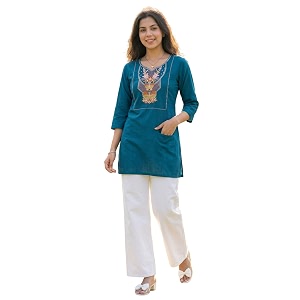 Cotton Blend Embroidered Straight Kurta for Women