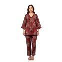 Ekchhavi Women's Cotton Co-ord Set | Maroon Ajrakh Print A-Line Kurta with Pant | Crochet V-Neck 3/4 Sleeve Ethnic Top & Bottom Set