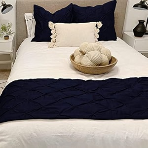 cotton elegant linen store 3 piece pinch pleated bed runner set and 2 piece cushion cover - 800 thread count decorative bed scarf - single size 5425 navy blue