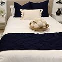 Cotton Elegant Linen Store 3 Piece Pinch Pleated Bed Runner Set and 2 Piece Cushion Cover - 800 Thread Count, Decorative Bed Scarf - Single Size 54*25 Navy Blue