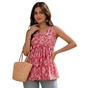 Cotton Floral Printed Sleeveless Peplum Top for Women | V Neck Short Kurti for Girls | Casual Summer Regular Fit | Tunic Top for Women | Gathered Short Kurta | Pink