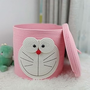 cotton rope storage basket with lid pink doremon design - durable and versatile organizer storage basket for baby diaper storage bin pink doremon