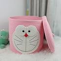 Cotton Rope Storage Basket with Lid Pink Doremon Design - Durable and Versatile Organizer Storage Basket for Baby Diaper, Storage Bin (Pink Doremon)