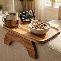 Couch Armrest Table, Acacia Wood Sofa Arm Tray with 360° Rotating Phone & Cup Holder, Clip-On Arm Rest Table for Couch, Anti-Slip Armrest Tray for Snacks & Drinks, 15.4" x 9.8"