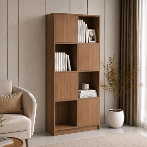 couch culture funny engineered wood open amp closed bookshelf  display unit for living room  open 4 shelves amp 4 door cabinet storage for home amp office1 year warranty finish - leon teak knock down