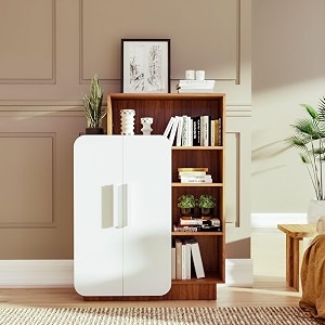 couch culture haven engineered wood bookshelf for living room with open amp closed storage  2 door cabinet storage for home amp office  modern display unit 1 year warranty finish - leon teak amp white