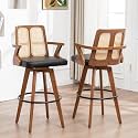 Counter Height Bar Stools Set of 2 - 26 inch Kitchen Island Stools with Rattan Back, Curved Arms, Walnut Craftsmanship,Faux Leather, Swivel CounterStools for Kitchen/Island (27" Seat Height, Black)