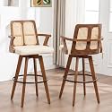 Counter Height Bar Stools Set of 2 - 26 inch Kitchen Island Stools with Rattan Back, Curved Arms, Walnut Craftsmanship,Faux Leather, Swivel CounterStools for Kitchen/Island (27" Seat Height, Beige)