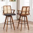 Counter Height Bar Stools Set of 2 - 26 inch Kitchen Island Stools with Rattan Back, Curved Arms, Walnut Craftsmanship,Faux Leather, Swivel CounterStools for Kitchen/Island (27" Seat Height, Brown)