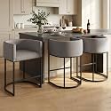 Counter Height Bar Stools Set of 3, 24 Inch Seat Height Barstools for Dining Room, Fabric Upholstered Bar Chair for Kitchen Island, Linen Counter Stools with Metal Legs, Gray