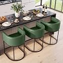 Counter Height Bar Stools Set of 3, Modern Counter Stools for Dining Room, 24 Inch Barstools for Kitchen Island, Faux Leather Bar Stool with Metal Legs and Back Footrest, Green