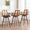Counter Height Bar Stools Set of 3 - 26 inch Kitchen Island Stools with Rattan Back, Curved Arms, Walnut Craftsmanship,Faux Leather, Swivel CounterStools for Kitchen/Island (27" Seat Height, Black)
