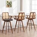Counter Height Bar Stools Set of 3 - 26 inch Kitchen Island Stools with Rattan Back, Curved Arms, Walnut Craftsmanship,Faux Leather, Swivel CounterStools for Kitchen/Island (27" Seat Height, Brown)
