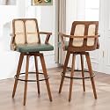 Counter Height Bar Stools Set of 2 - 26 inch Kitchen Island Stools with Rattan Back, Curved Arms, Walnut Craftsmanship,Faux Leather, Swivel CounterStools for Kitchen/Island (27" Seat Height, Green)