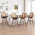 Counter Height Bar Stools Set of 4 - 26 inch Kitchen Island Stools with Rattan Back, Curved Arms, Walnut Craftsmanship,Faux Leather, Swivel CounterStools for Kitchen/Island (27" Seat Height, Black)