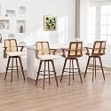 Counter Height Bar Stools Set of 4 - 26 inch Kitchen Island Stools with Rattan Back, Curved Arms, Walnut Craftsmanship,Faux Leather, Swivel CounterStools for Kitchen/Island (27" Seat Height, Beige)