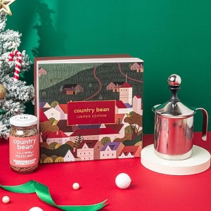 country bean estonia gift hamper set with manual milk frother 400ml and hazelnut instant falvoured coffee 50g  perfect present for winter season