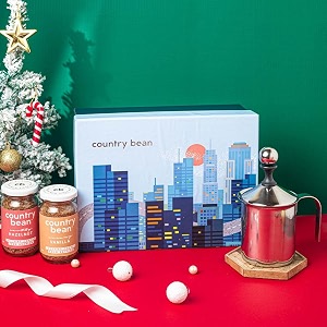 country bean germany gift hamper set with manual milk frother 400ml hazelnut and vanilla instant flavoured coffees 50g x 2  perfect present for winter season