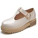 Coutgo Girls Mary Jane Dress Shoes Platform Loafers School Uniform Chunky Heel Closed Toe T-Strap Flats