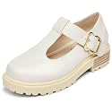 Coutgo Girls Mary Jane Dress Shoes Platform Loafers School Uniform Chunky Heel Closed Toe T-Strap Flats