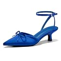 Coutgo Satin Kitten Low Heels with Bow Closed Pointed Toe Short Pumps Dress Wedding Party Shoes