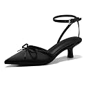 Coutgo Satin Kitten Low Heels with Bow Closed Pointed Toe Short Pumps Dress Wedding Party Shoes