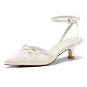 Coutgo Satin Kitten Low Heels with Bow Closed Pointed Toe Short Pumps Dress Wedding Party Shoes