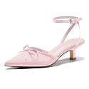 Coutgo Satin Kitten Low Heels with Bow Closed Pointed Toe Short Pumps Dress Wedding Party Shoes