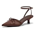 Coutgo Satin Kitten Low Heels with Bow Closed Pointed Toe Short Pumps Dress Wedding Party Shoes