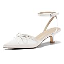 Coutgo Satin Kitten Low Heels with Bow Closed Pointed Toe Short Pumps Dress Wedding Party Shoes
